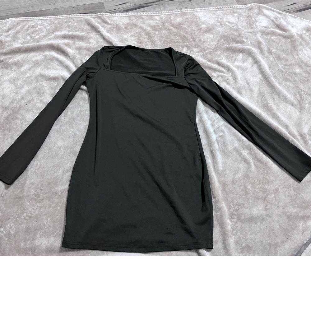 SHEIN Black Long Sleeve Square Neck Asymmetrical Mini Bodycon Dress Size 6 M